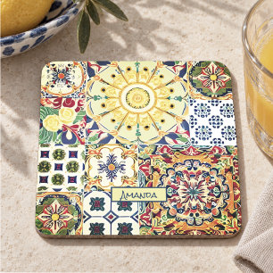 Porta-copo De Pedra Monograma de azulejos laranja mediterrâneo geométr