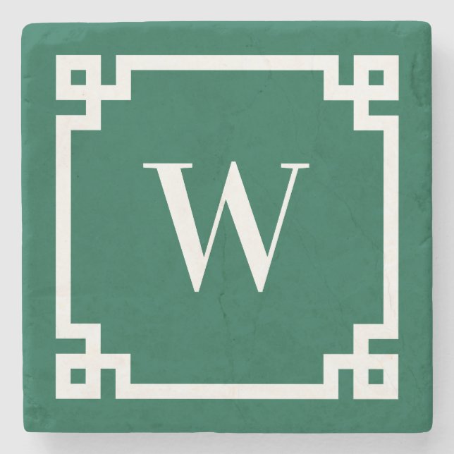 Porta-copo De Pedra Monograma de Borda Chave Grega Verde e Branca (Frente)