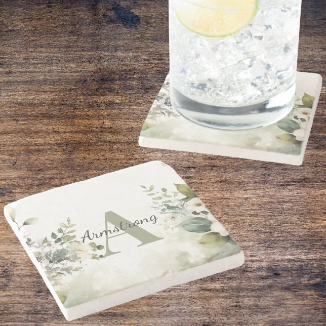 Porta-copo De Pedra Monograma de Flores Silvestres Brancas Elegantes & (Criador carregado)