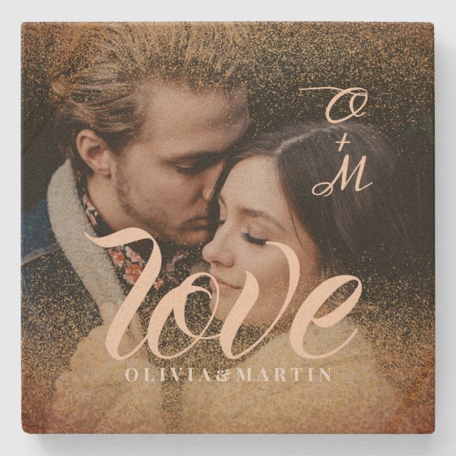 Porta-copo De Pedra Monograma de Fotografia do Casal Glitter Dourado P (Frente)