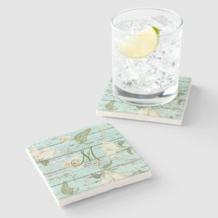 Porta-copo De Pedra Monograma de madeira envelhecida verde com magnóli