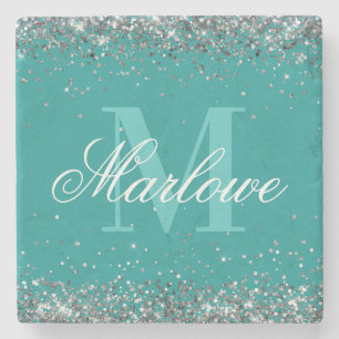 Porta-copo De Pedra Monograma de na moda Silver Glitter Teal