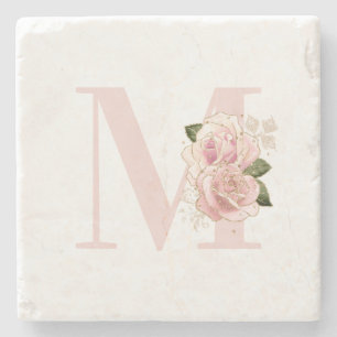Porta-copo De Pedra Monograma de Rosa Dourado Brilhante Floral Feminin
