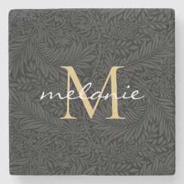 Porta-copo De Pedra Monograma de Script Floral Dourado Elegante Preto