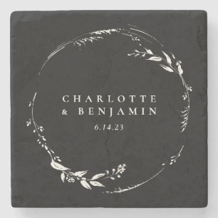 Porta-copo De Pedra Monograma de Terra Floral Preta Branco Personaliza