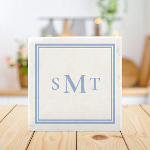 Porta-copo De Pedra Monograma de Três Letras Azul e Branco