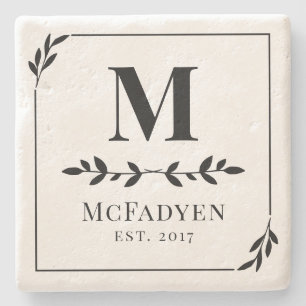 Porta-copo De Pedra Monograma do Elegante Verde Preto e Branco