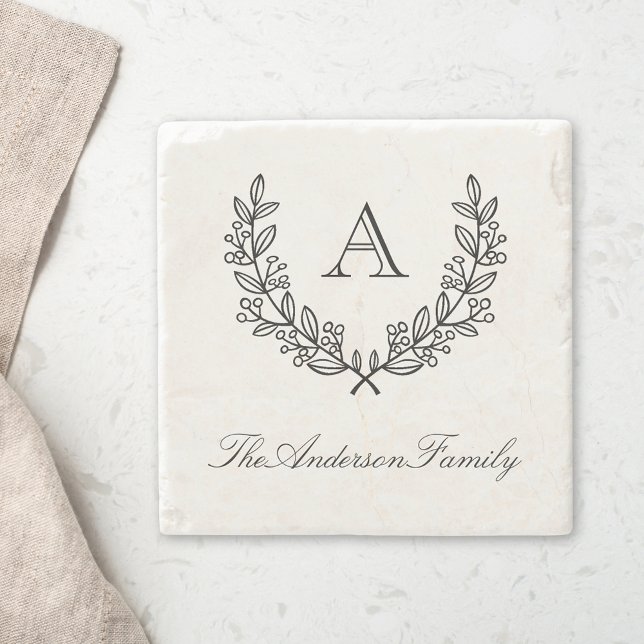 Porta-copo De Pedra Monograma do Nome da Família Laurel Wreath Classic (Criador carregado)