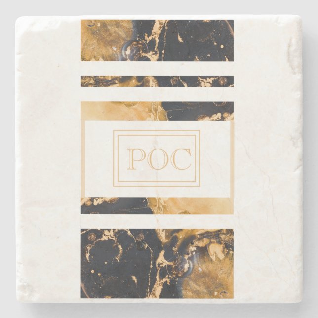 Porta-copo De Pedra Monograma Dourado Azul Escuro (Frente)