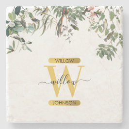 Porta-copo De Pedra Monograma Dourado Elegante Eucalyptus Greenery & B