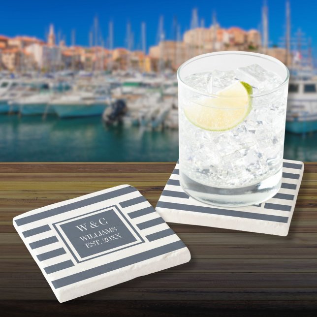 Porta-copo De Pedra Monograma Elegante Azul Marinho Faixa Branca (Stylish Monogram Navy Blue White Stripe Stone Coaster)