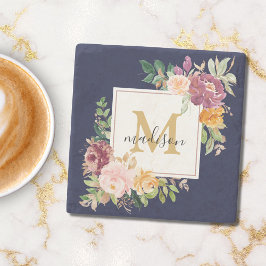 Porta-copo De Pedra Monograma Elegante Rosa de Aquarela Botânica