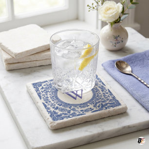 Porta-copo De Pedra Monograma Floral Chinoiserie Azul e Branco
