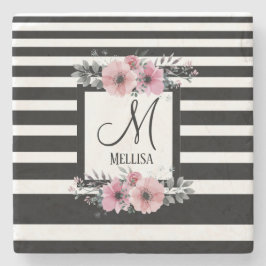Porta-copo De Pedra Monograma Floral Cor-de-rosa com faixas brancas e