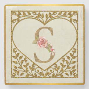 Porta-copo De Pedra Monograma Floral Personalizado, De A a Z