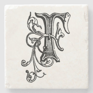 Porta-copo De Pedra Monograma Floral Preto 'F'