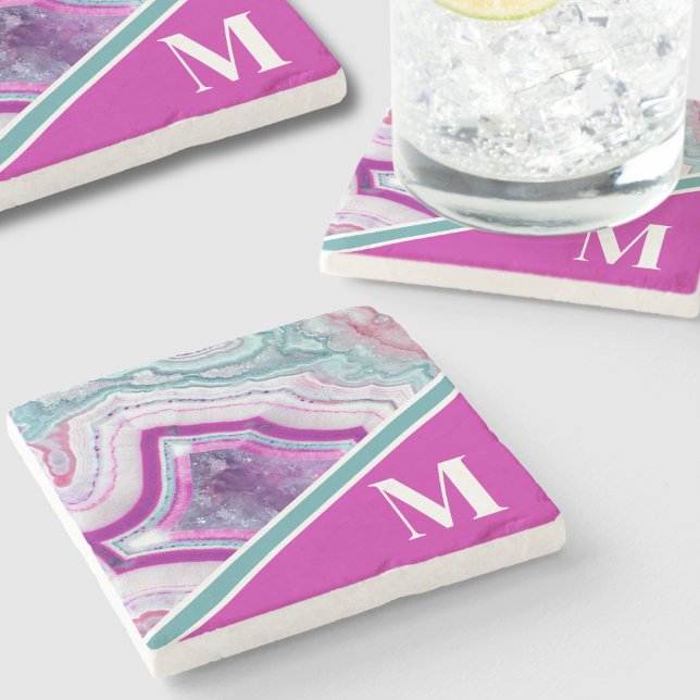 Porta-copo De Pedra Monograma Inicial de Agato Moderno Elegante (Chic Stylish Turquoise Pink Agate Initial Monogram Stone Coaster)