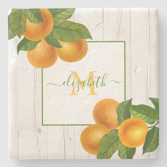 Porta-copo De Pedra Monograma laranjas de citrinos lenha (Frente)