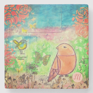 Porta-copo De Pedra Monograma Mista de Arte Mídia com Aves |