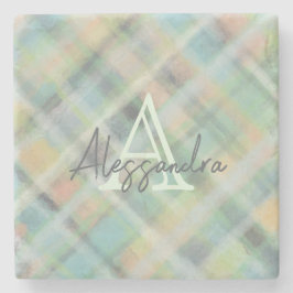 Porta-copo De Pedra Monograma pastel tartan verde cinza amarelo