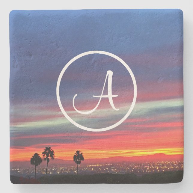 Porta-copo De Pedra Monograma personalizado de fotos com nuvens azuis  (Frente)