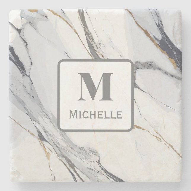 Porta-copo De Pedra Monograma Personalizado e Cinza Branca (Frente)