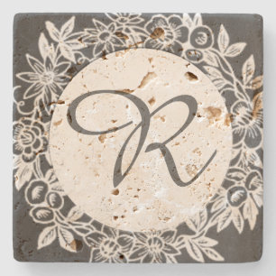 Porta-copo De Pedra Monograma personalizado floral