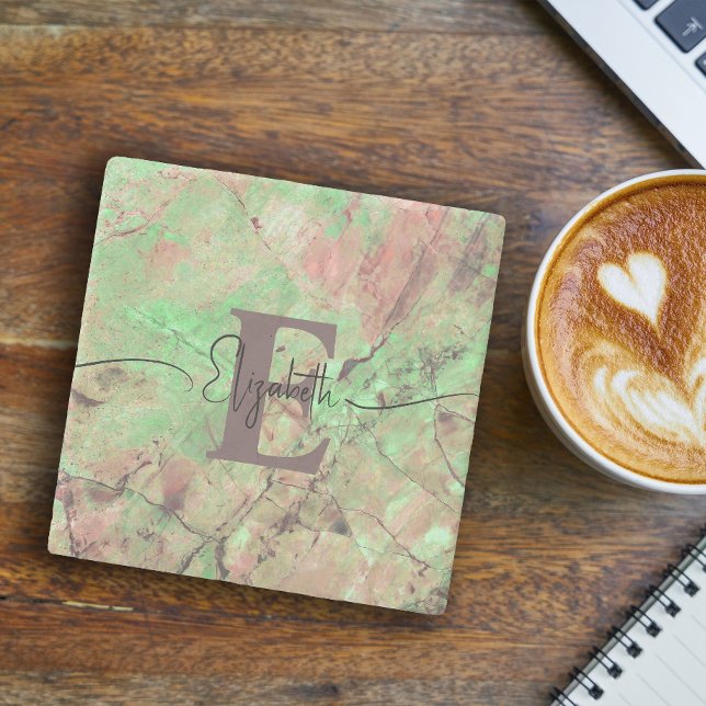 Porta-copo De Pedra Monograma Personalizado Nome do Script Verde Marbl (Criador carregado)