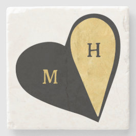 Porta-copo De Pedra Monograma Romântico de Coração Preto e Dourado