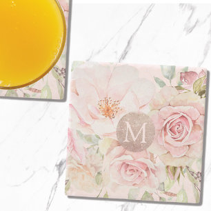 Porta-copo De Pedra Monograma Rosa Dourado Blush Rosa Floral Aquarela 
