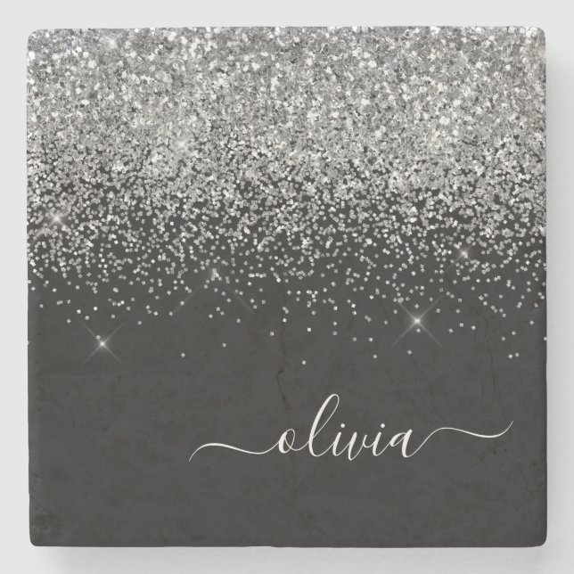 Porta-copo De Pedra Monograma Silver Black Glitter Script Girt Name (Frente)