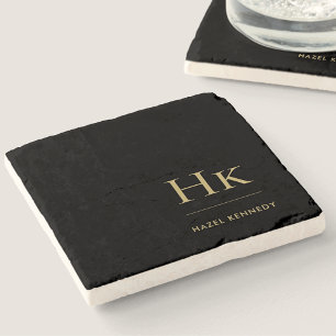 Porta-copo De Pedra Monograma Simples Feminina Preta Dourada