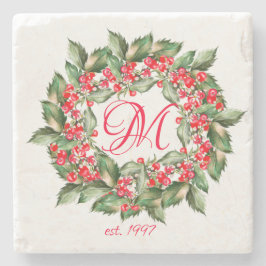 Porta-copo De Pedra Monogramo Christmas Berries Wreath