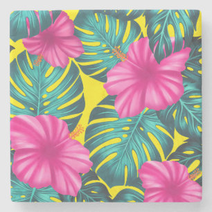 Porta-copo De Pedra Monstera Leaves e Hibiscus, Rosa Teal em Amarelo