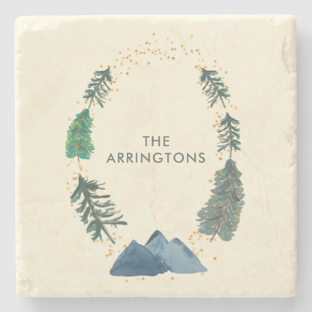 Porta-copo De Pedra Montanhas Russas de Florestas de Pinheiro Aquarela (Frente)