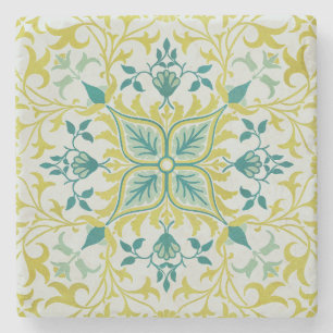 Porta-copo De Pedra Morris Amarelo Turquesa Padrão de Videira e Flor