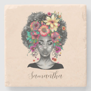 Porta-copo De Pedra Mulher Afro Elegante Floral