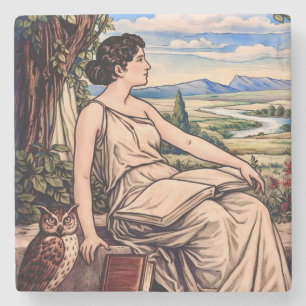 Porta-copo De Pedra Mulher Art Nouveau Vintage Lendo Debaixo de uma Ár