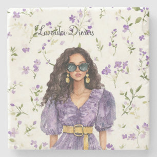 Porta-copo De Pedra Mulher Cabelo Castanho Vestido Lavanda Sonhos Flor