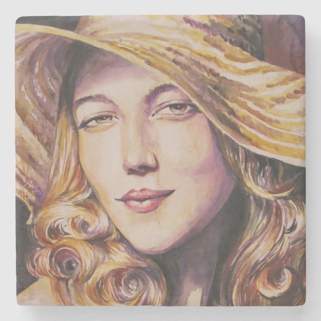 Porta-copo De Pedra Mulher com chapéu (Frente)