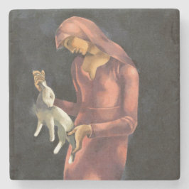 Porta-copo De Pedra Mulher com coelho