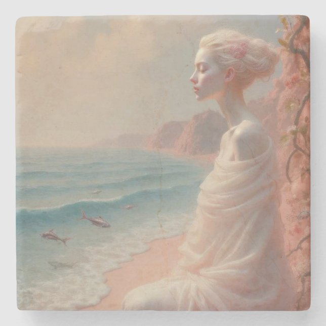 Porta-copo De Pedra Mulher etérea na praia de Dreamy (Frente)