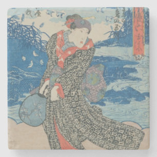Porta-copo De Pedra Mulher japonesa pelo mar (impressão do woodblock