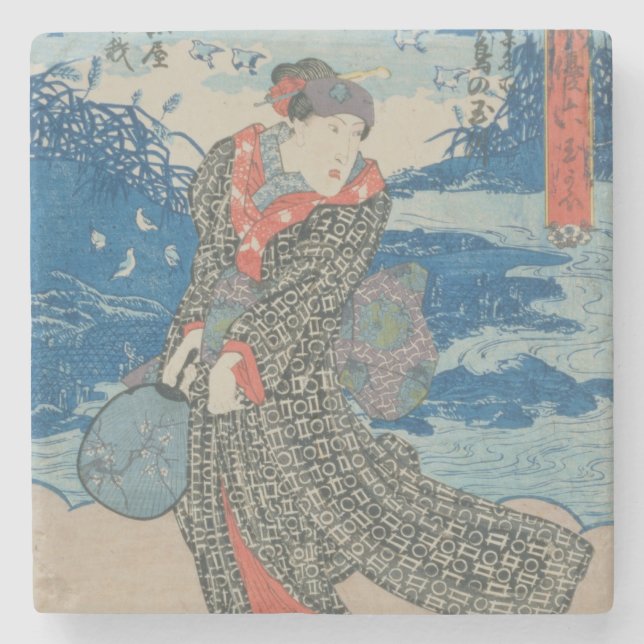 Porta-copo De Pedra Mulher japonesa pelo mar (impressão do woodblock (Frente)