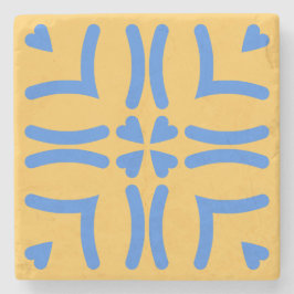 Porta-copo De Pedra Mustard Yellow Blue Hearts Folk Art Modern