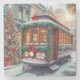 Porta-copo De Pedra Natais vintages Streetcar na neve