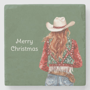 Porta-copo De Pedra Natal da Cowgirl Ruiva Ocidental