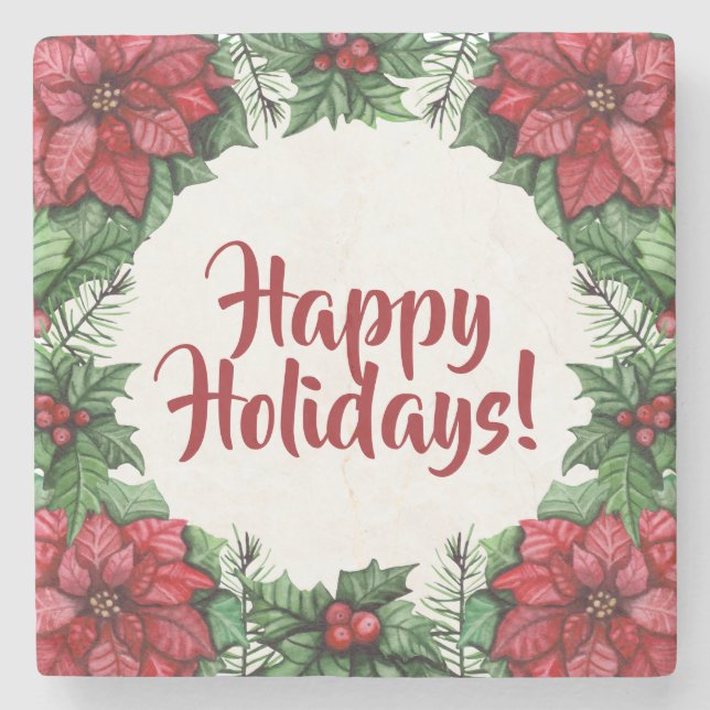 Porta-copo De Pedra Natal Personalizado de Poinsietta e Holly Berries (Frente)