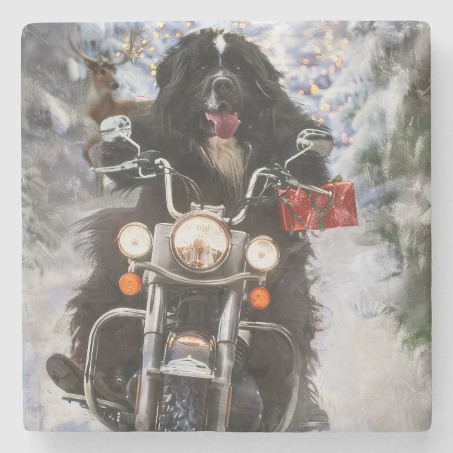 Porta-copo De Pedra Newland Dog Riding Motorcycle Christmas (Frente)