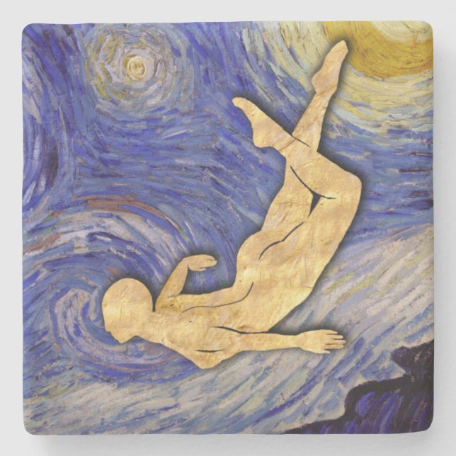 Porta-copo De Pedra Noite Estrelada Com Lua Ouro, O Viajante Noturno (Frente)